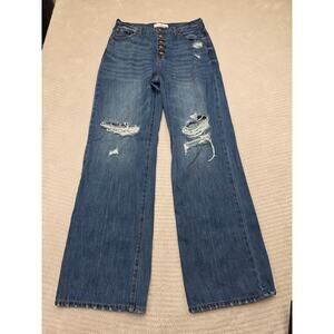 Kancan Jeans Womens 11 High Rise Wide Leg Distressed Denim Button Fly